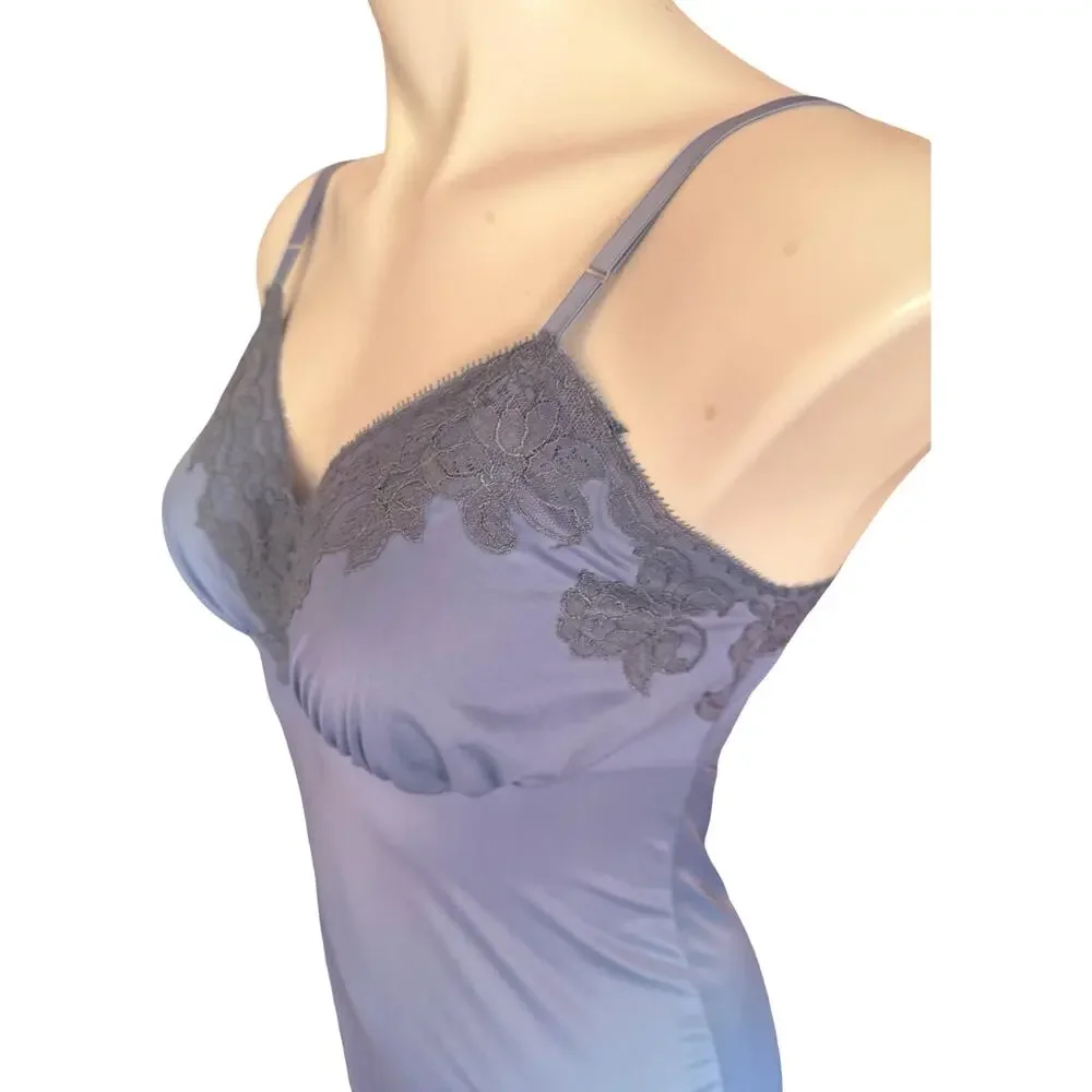 Vintage 60s Van Raalte Periwinkle Blue Nylon Slip Lace Applique Side Slit Sz 32